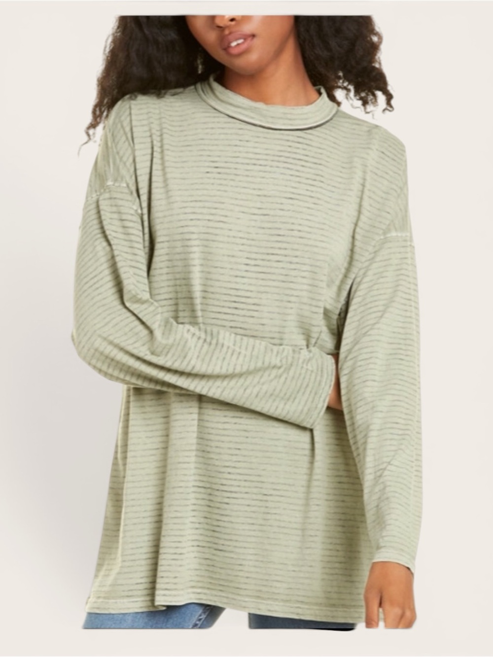 Free People Sage Thin-Stripe Mock Neck Long Sleeve Top